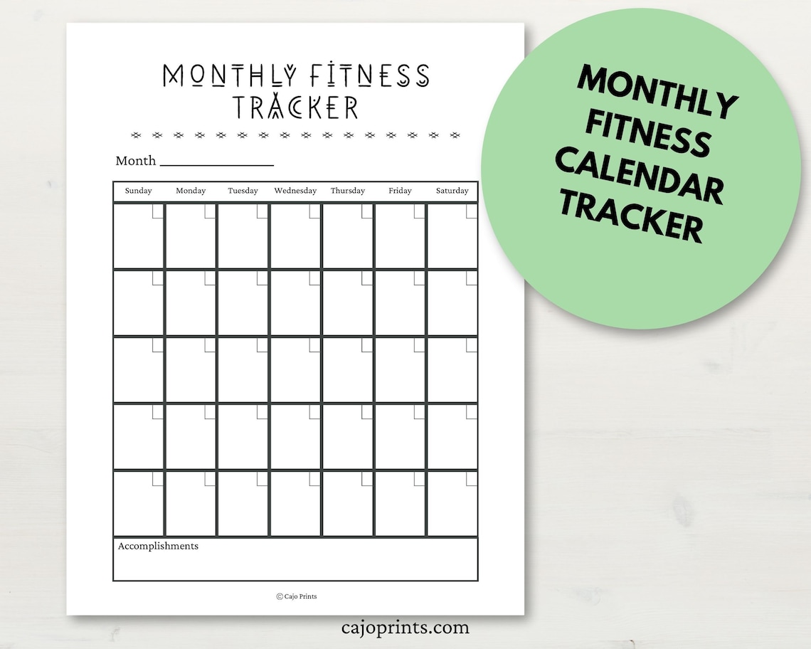 Monthly Fitness Tracker Monthly Calendar Printable Etsy