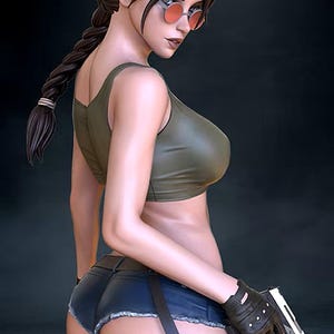 May include: A 3D figurine of a character with brown hair in a braid, wearing round orange-tinted glasses, an olive green tank top, and dark blue denim shorts. The figure wears black fingerless gloves and holds a black handgun in one hand.