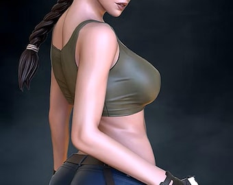 May include: A 3D figurine of a character with brown hair in a braid, wearing round orange-tinted glasses, an olive green tank top, and dark blue denim shorts. The figure wears black fingerless gloves and holds a black handgun in one hand.
