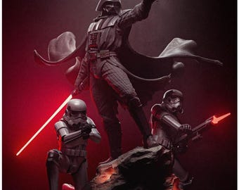 May include: A detailed collectible statue featuring Darth Vader standing atop a rocky base with a glowing red lightsaber, accompanied by two white-armored stormtroopers in combat poses. The scene is illuminated by a dramatic red light.