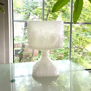 Milk glass square pedestal candy dish, small white vintage dish with grape leaf design