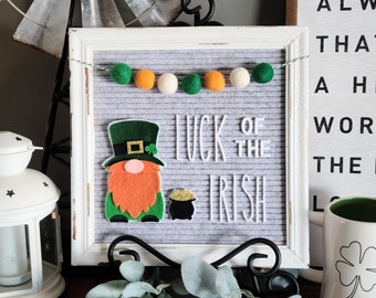 St. Patrick's Day Letter Board Accessories | Felted Wool Pom Pom Garland, Felt Leprechaun Gnome & Pot of Gold | Rainbow, Luck of the Irish