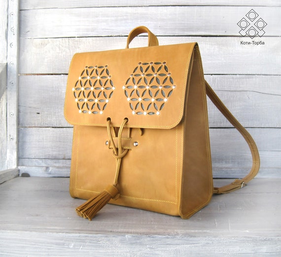 Handmade Leather Backpack: Boho Floral Perforated Design  display picture 2