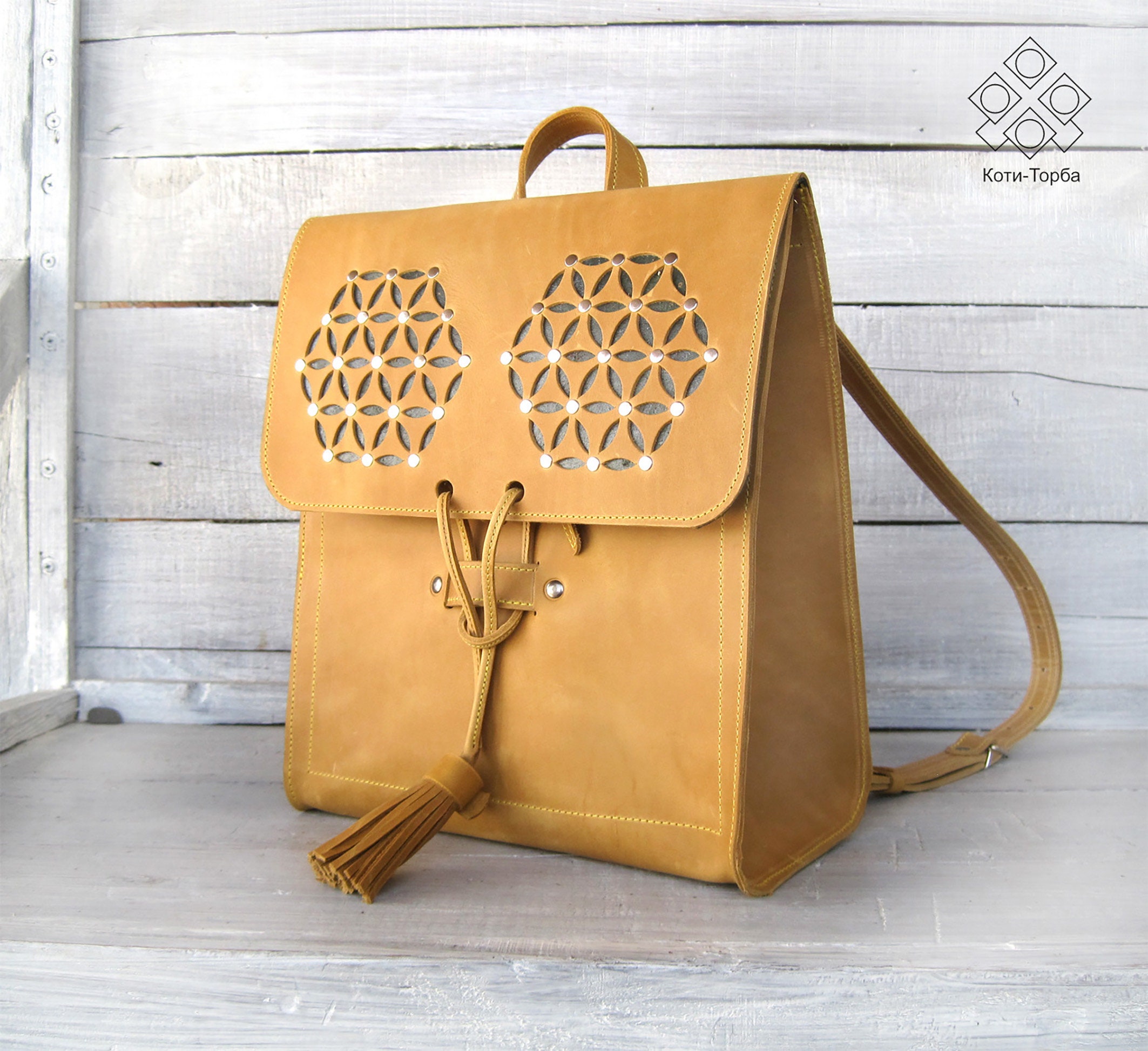 Tan Leather Backpack with Perforated Design Leather Backpack Tan – Pagani Store main image 3
