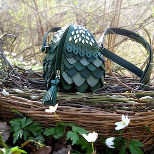 Unique women's bag, dragon egg, handmade bag, green bag, leather shoulder bag, designer bag