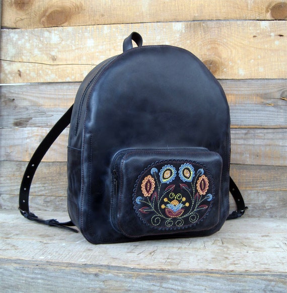 Handmade Leather Backpack: Boho Floral Applique, College  display picture 3