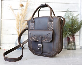 Handmade Leather Crossbody Bag: Minimalist Brown Shoulder Bag with Floral Pocket