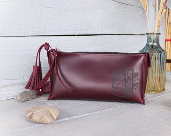 Estuche para lápices de cuero marrón hecho a mano: diseño de pájaro grabado, estuche personalizado.