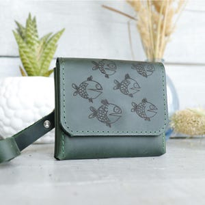Mini carteira de couro feita à mão, porta-moedas, porta-cartões, couro legítimo, design exclusivo feito à mão, presente para ela, carteira verde para mulheres