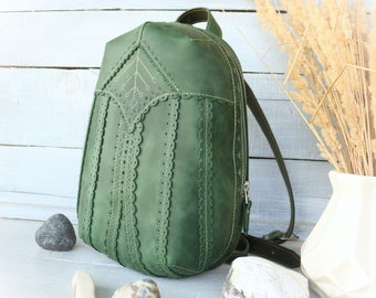 Handmade Green Leather Backpack: Boho Women's Rucksack.