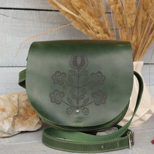 Green Leather Crossbody Bag: Floral Boho Messenger Purse.