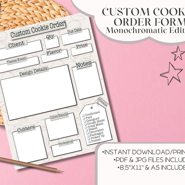 Custom Cookie Order Form, Monochromatic, Black & White, Planner Page, Printable, Digital Download