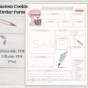 May include: A printable custom cookie order form with a watercolor design. The form includes sections for client details, theme, quantity, flavor, icing, and a checklist. The words "Custom Cookie Order Form" are at the top.