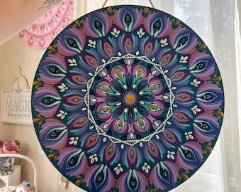 Hand Painted Mandala Purple And Turquoise On 15" Round Wood Board