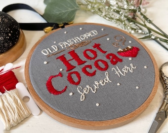 Hot Cocoa Hand Embroidery Hoop Art, 5" Finished Hand Embroidery, Handmade Winter Wall Decor, Kitchen Wall Art, Cafe Decor