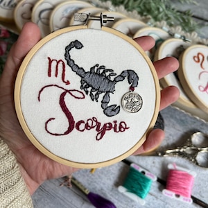 Scorpio Hand Embroidery Hoop Art, 4&quot;, Astrology Zodiac Art
