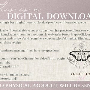 May include: A digital download graphic with a black and white illustration of a butterfly with a third eye and crescent moons. The text "This is a DIGITAL DOWNLOAD" is at the top of the graphic. The text "NO PHYSICAL PRODUCT WILL BE SENT." is at the bottom of the graphic.