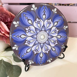 Hand Painted Mandala on Wood Round • Blue Mandala •  6&quot; Round Mandala