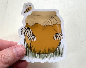 Honey Pot Bee Vinyl Sticker: Floral Laptop Decal • Hand Drawn Art