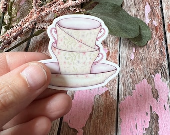Tea For Three Sticker: Floral Teacup Vinyl Decal • Hand Drawn Art