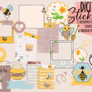 Honey Bee Digital Planner Stickers, GoodNotes Precropped Digital Stickers, Journaling stickers, Individual PNGs, Digital Download