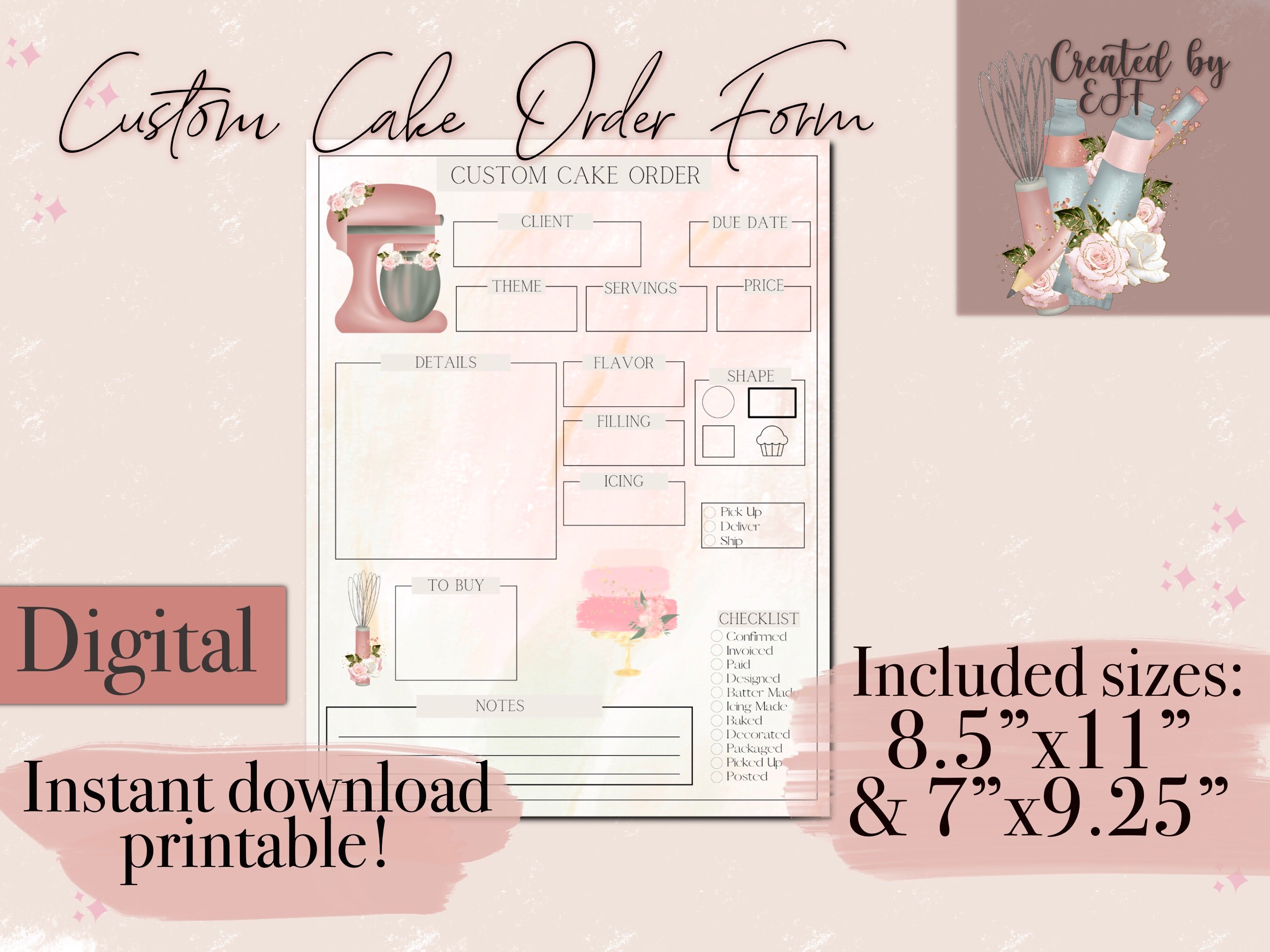 Custom Cake Rower Custom Cake Order Form Floral Edition Planner Page - Etsy