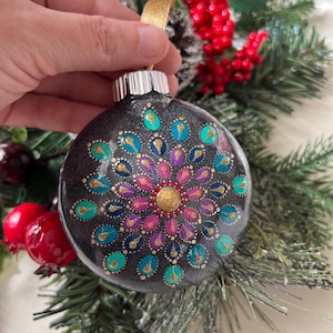 Hand Painted Mandala Ornament – Teal, Purple, Magenta & Gold Holiday Decor Christmas Ornament