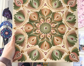 Hand Painted Mandala Wall Art: Floral Boho Home Decor, 12" Wood Canvas