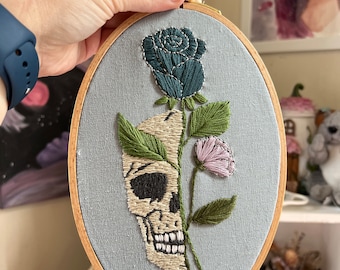 Rose Skull Finished Hand Embroidery Hoop Art, 8 Oval" Finished Hand Embroidery,