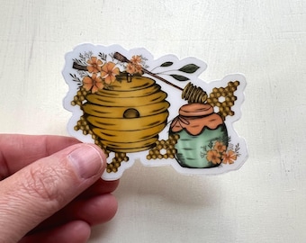 Honey Bee Vinyl Sticker: Weatherproof Bee Hive Decal • Hand Drawn Art