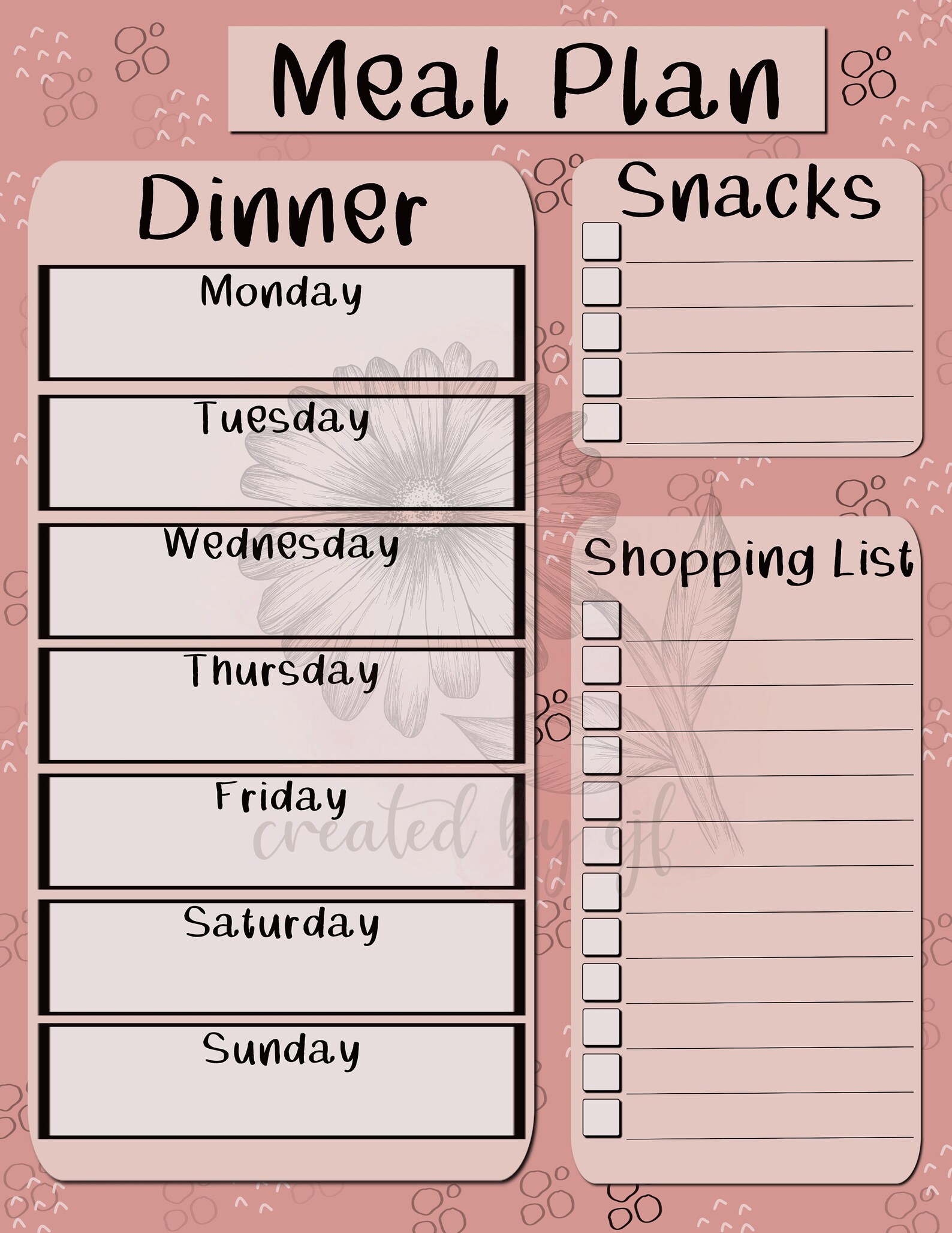 Weekly Meal Plan Menu Plan Pink Planner Page Printable | Etsy