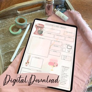 May include: A digital printable custom cake order form with a pink and white color scheme. The form includes sections for client information, cake details, to buy, notes, and a checklist. The form features a pink and white cake illustration and a pink stand mixer illustration.