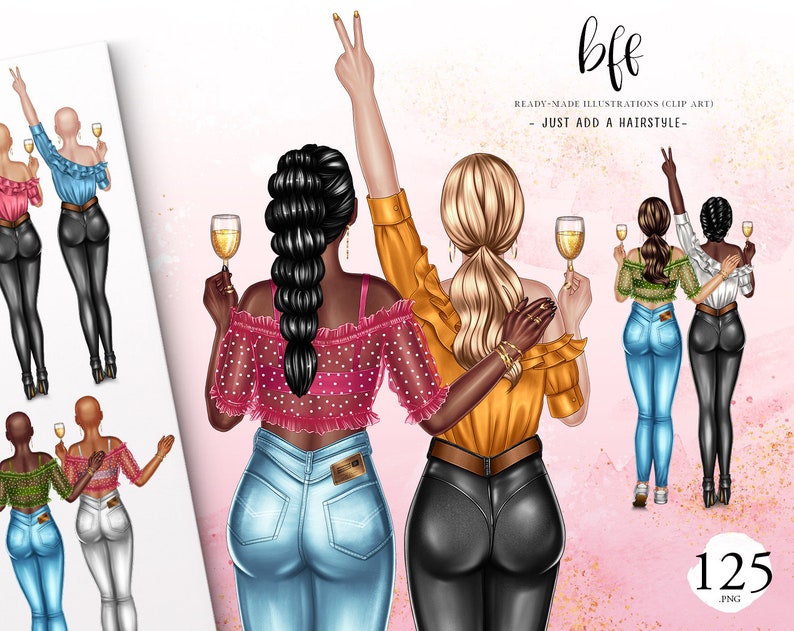Best Friends Clipart Custom Soul Sister Girls with Champagne DIY Bestie PNG Files BFF Clip Art Digital