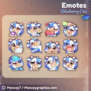 Cute Blueberry Cow Twitch Emotes / Kawaii Blue Cow emotes for your Twitch, Discord, Youtube / Blueberry Cow - Instant download /