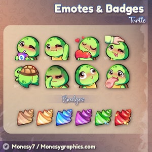 Cute Turtle Twitch Emotes and Seashell Badges / Kawaii Turtle emotes and Seashell badges for your Twitch, Discord, Youtube