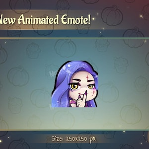 Può includere: Un'emote animata con un personaggio dei cartoni animati con i capelli viola, che si porta un dito alle labbra. Il personaggio ha gli occhi gialli e qualche taglio sul viso. Lo sfondo è un gradiente di blu e marrone con illustrazioni di zucche e cupcake. Il testo recita "New Animated Emote!" e "Size: 250x250 px".