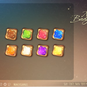 May include: Nine different coloured toast badges with various fillings, including orange, green, red, blue, white, purple, and yellow. The badges are arranged in three rows of three. The text "New Badges" is written in cursive at the top right of the image.