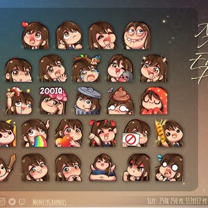 Può includere: Un set di 26 emoji di personaggi animati che rappresentano una giovane donna con i capelli castani in varie pose ed espressioni. Gli emoji sono progettati per l'uso su piattaforme di chat e streaming online. Il testo "New Mega Emote Pack 26 piece" è visualizzato nell'angolo in alto a destra dell'immagine.