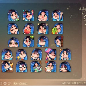22x Twitch emotes // Cute Blue hair/brown eyes Girl chibi emotes for streamers / Girl emotes / for Twitch and Discord
