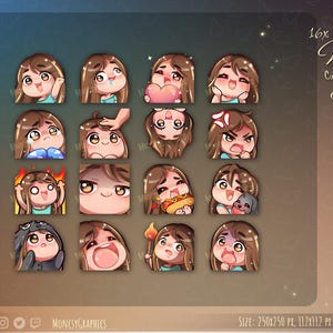 16x emote di Twitch // Emote carine per ragazze con capelli castani e occhi marroni per streamer / Emote per ragazze / per Twitch e Discord