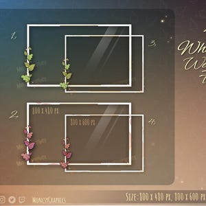 May include: Four white webcam frames with decorative vines are displayed against a gradient background. The frames are rectangular, with two sizes: 800 x 480 px and 800 x 600 px. The text "White Webcam Frame" is also visible.