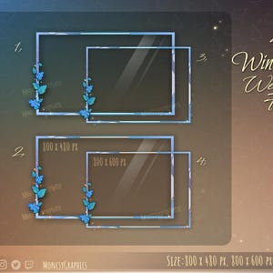 May include: Digital webcam frame design with a winter theme. The design features four rectangular frames with blue and white accents and decorative blue leaves. The text "Winter Webcam Frame" is displayed in elegant script.