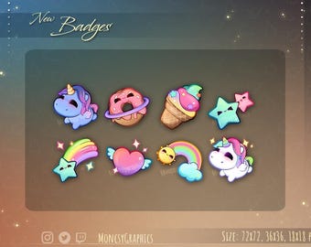 8 x Cute Unicorn Twitch Badges / Twitch Sub Badges
