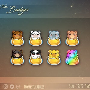 May include: Set of eight animated Twitch badges featuring various animal characters in honey pots. The animals include a brown bear, a white bear, a gray bear, a panda, a yellow bear, and a rainbow bear. The badges are in different sizes, with the largest being 72x72 pixels and the smallest being 18x18 pixels.
