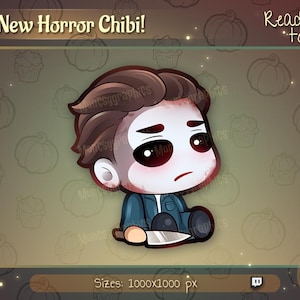 Op de afbeelding: Digitale illustratie van een chibi-horrorpersonage met een verdrietige uitdrukking, die een mes vasthoudt. De afbeelding heeft de tekst "New Horror Chibi!" en "Ready to use!" op een achtergrond met pompoen- en cupcake-omtrekken. De afbeeldingsgrootte is 1000x1000 px.