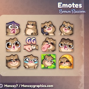 Cute Raccoon Twitch Emotes / Kawaii Brown Raccoon emotes for your Twitch, Discord, Youtube / Instant download