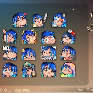 15x émoticônes Twitch / Cheveux bleus/yeux bruns Chibi Girl émoticônes pour streamers / pour Twitch et Discord