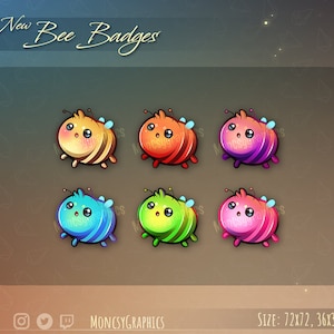 May include: Six cartoon bee badges in different colors: yellow, red, purple, blue, green, and pink. Each bee has a round body with black stripes and white eyes. The text "New Bee Badges" is at the top of the image. The text "MONCSYGRAPHICS" and "SIZE: 72X72, 36x36, 18X18 PX" are at the bottom of the image.