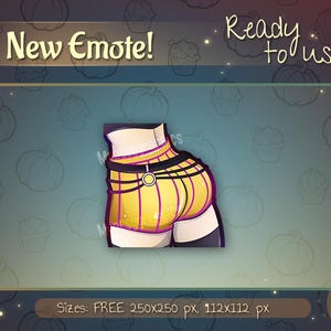 May include: Digital illustration of a cartoon character's lower body wearing yellow shorts with black straps and a belt. The image includes the text "New Emote!" and "Ready to use!" on a teal background with pumpkin and cupcake illustrations.