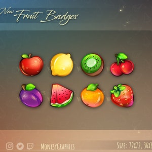 8 x Fruit Badges / Twitch Sub Badges / Bit Badges for streamers / kawaii cute Fruit stream emoji emotes